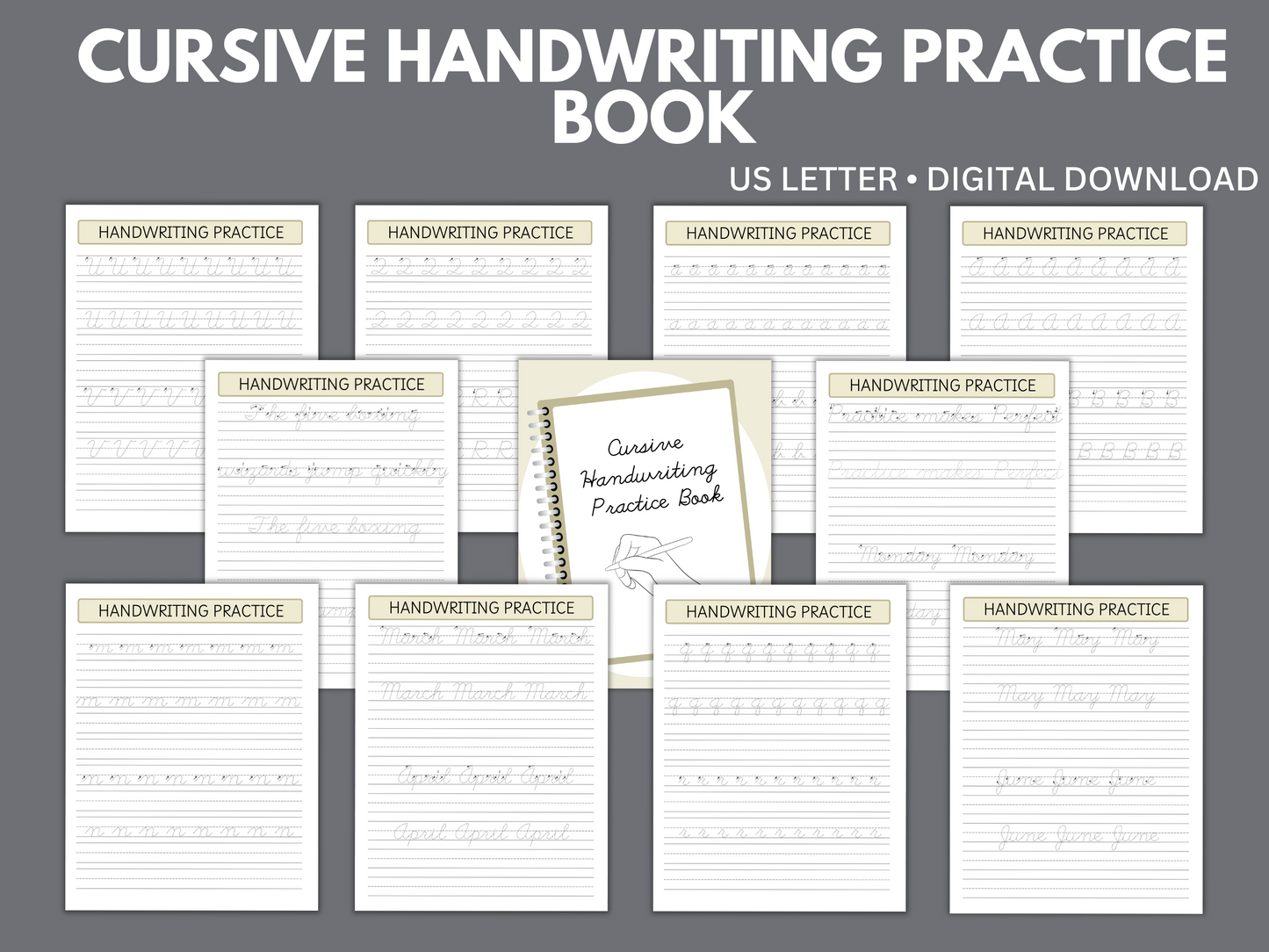Printable cursive handwriting practice worksheets featuring uppercase and lowercase cursive letters for beginner students. Perfect for elementary writing and penmanship skills.