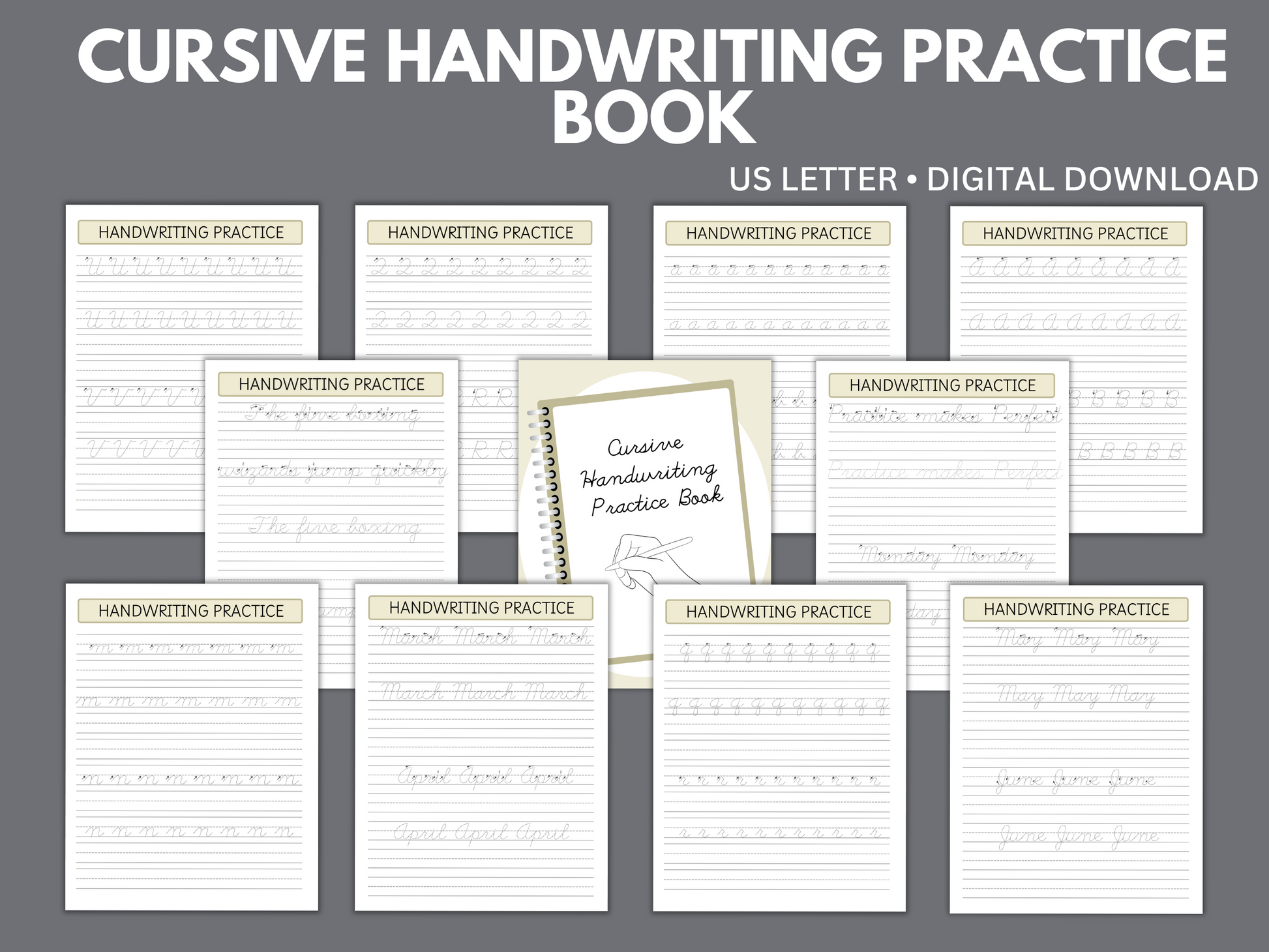 Printable cursive handwriting practice worksheets featuring uppercase and lowercase cursive letters for beginner students. Perfect for elementary writing and penmanship skills.