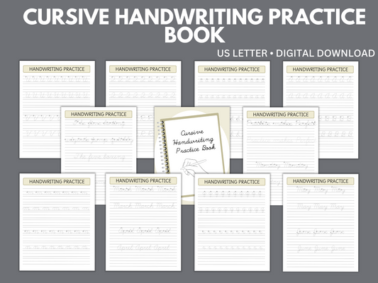 Printable cursive handwriting practice worksheets featuring uppercase and lowercase cursive letters for beginner students. Perfect for elementary writing and penmanship skills.