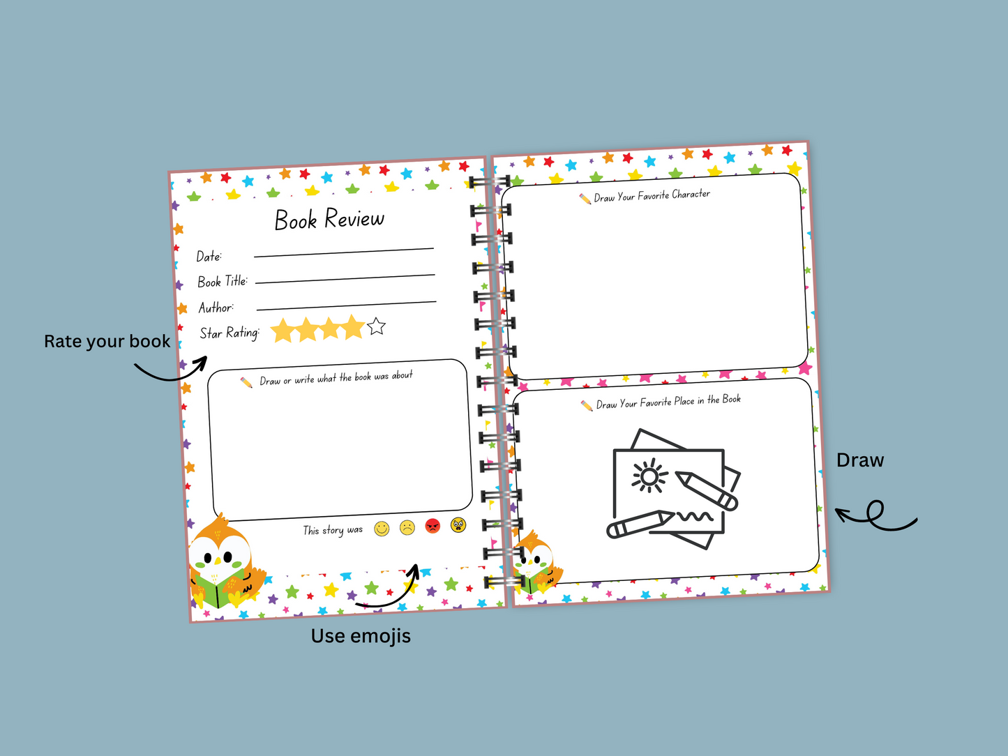 Two page book review shown so kids can draw and rate their book.