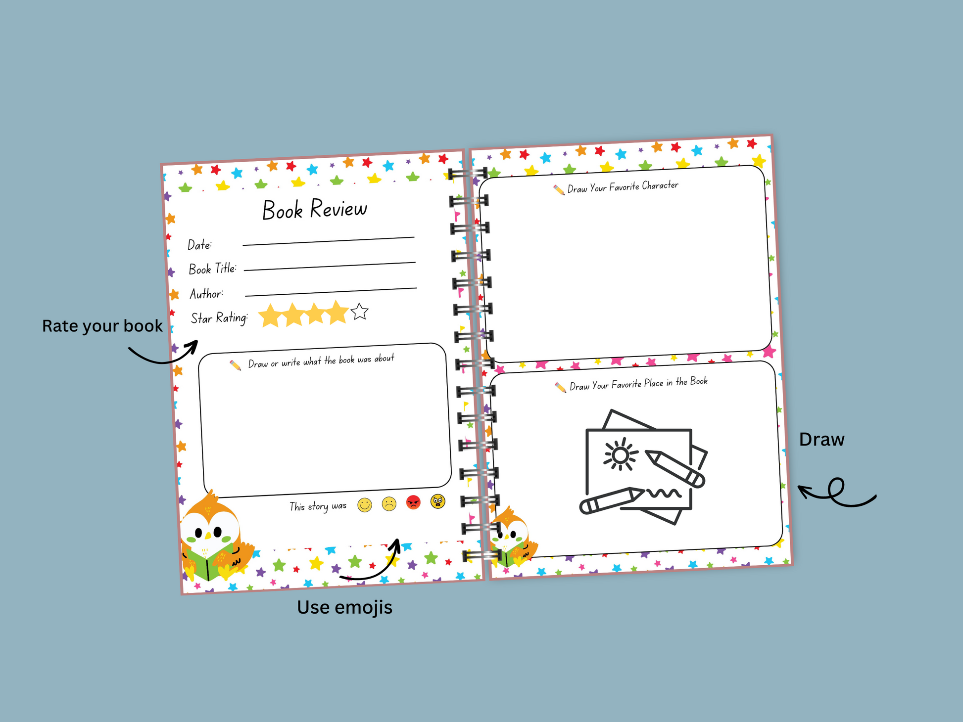 Two page book review shown so kids can draw and rate their book.