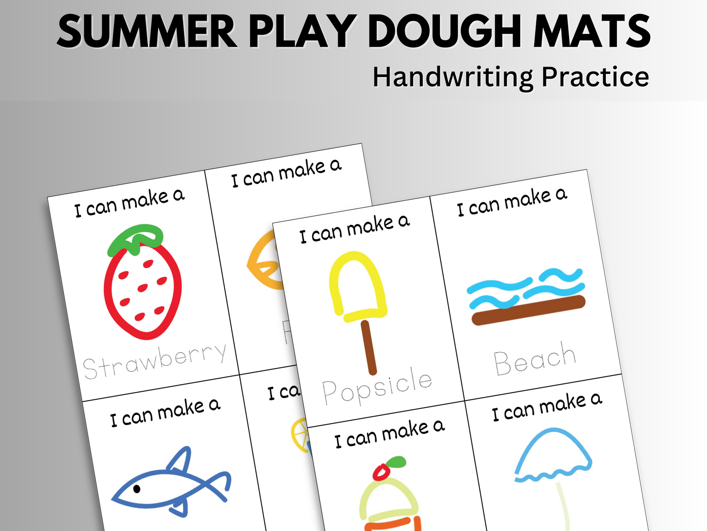 Summer play dough mats handwriting practice. Showing 8 different designs.