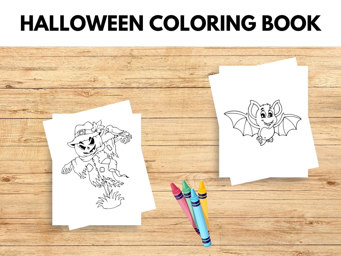 2 Halloween coloring page of a scarecrow and bat.