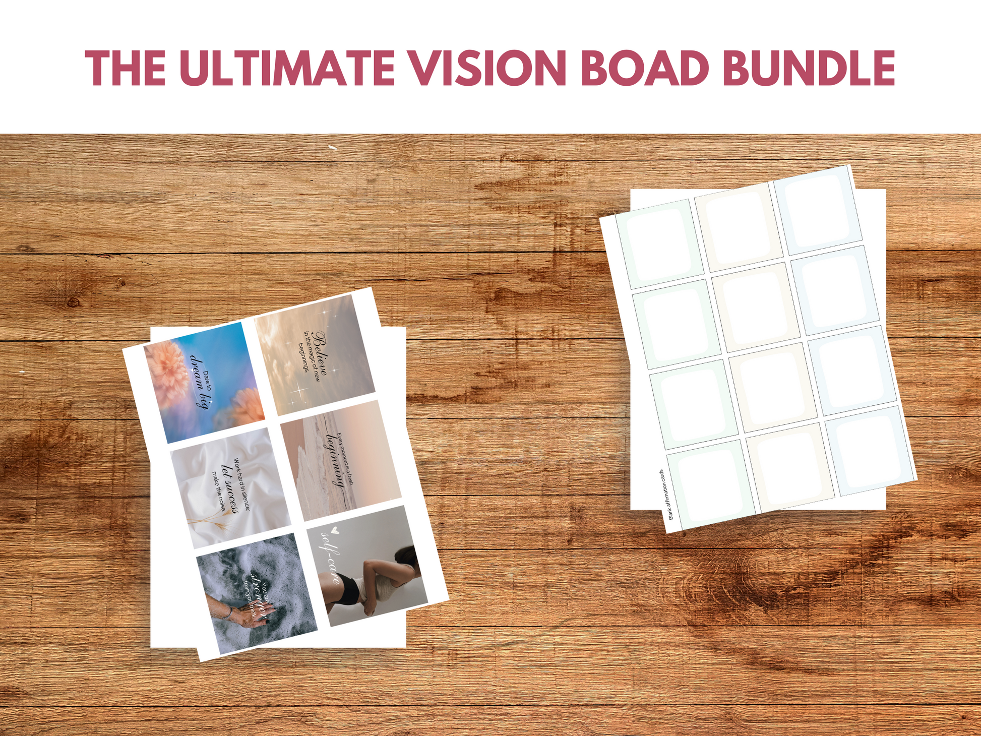 A collection of printable vision board ideas, featuring inspirational quotes, affirmations, and colorful collage elements for manifesting dreams and goals.