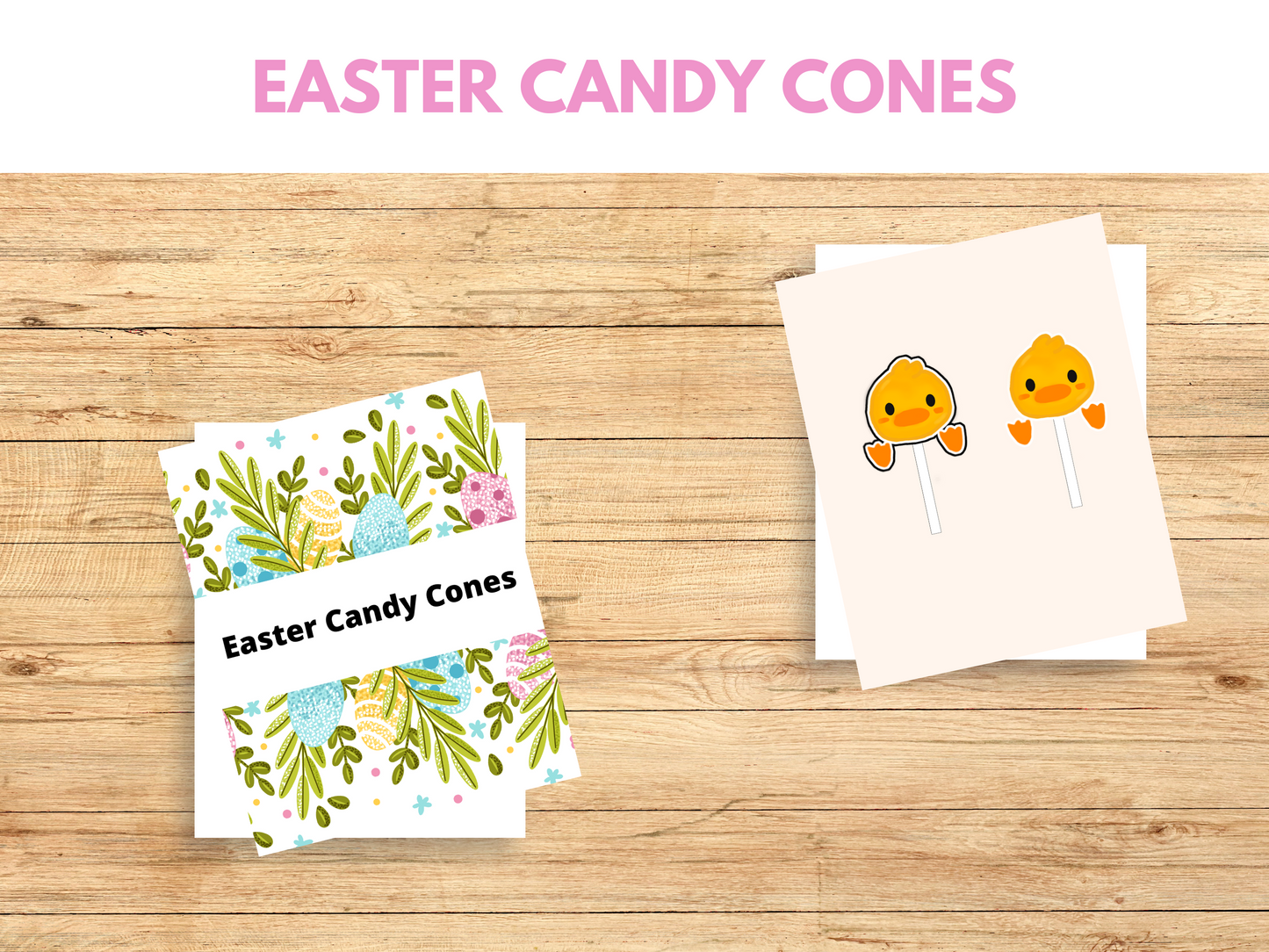 Cut printable Easter crafts to make a Easter candy cone. Two yellow ducks for extra props.