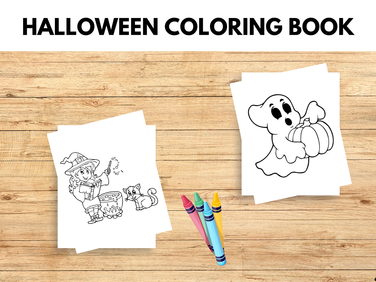 2 Halloween coloring pages of a ghost and a witch.