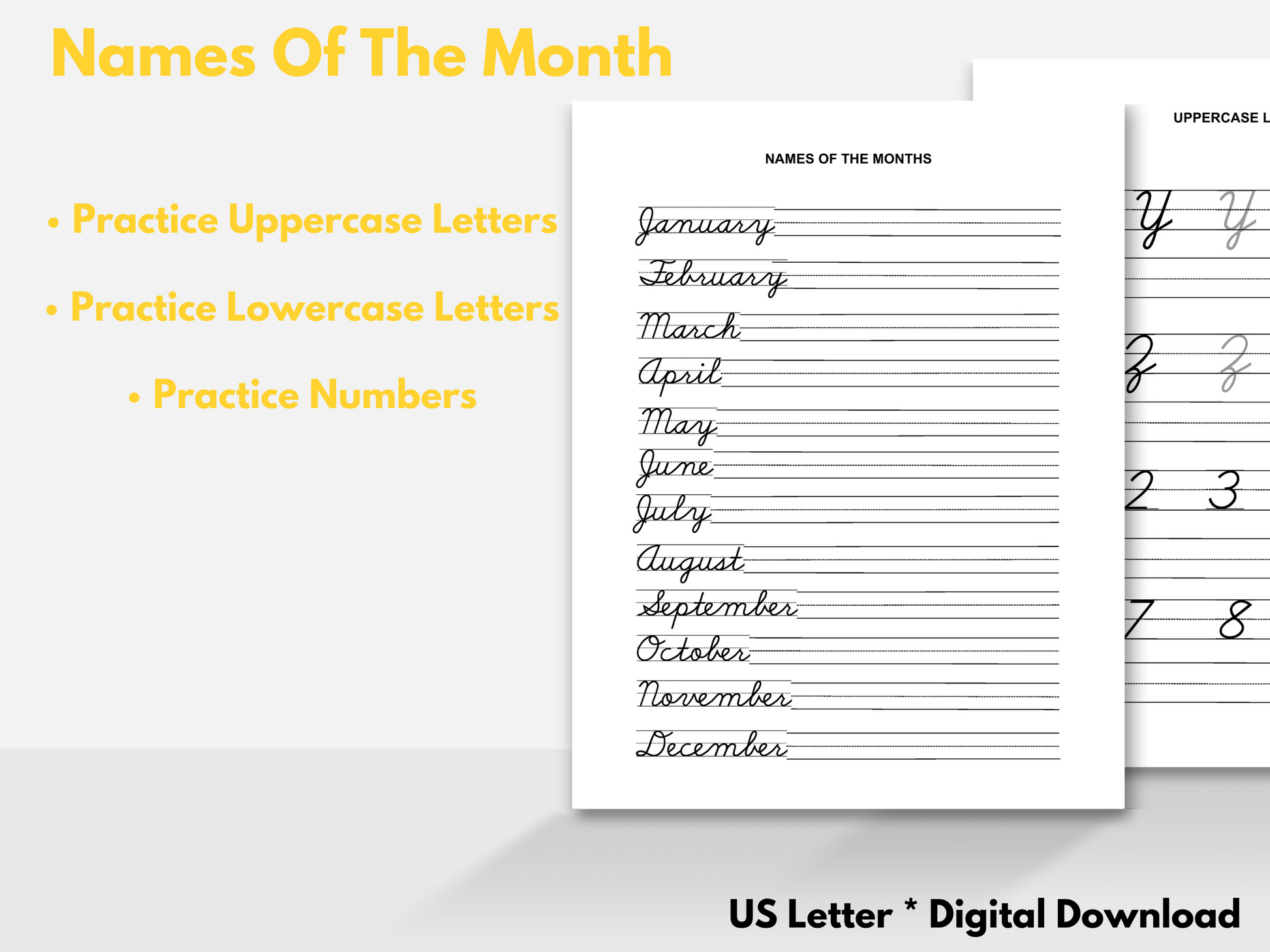 Printable cursive handwriting practice worksheets featuring uppercase and lowercase cursive letters for beginner students. Perfect for elementary writing and penmanship skills.