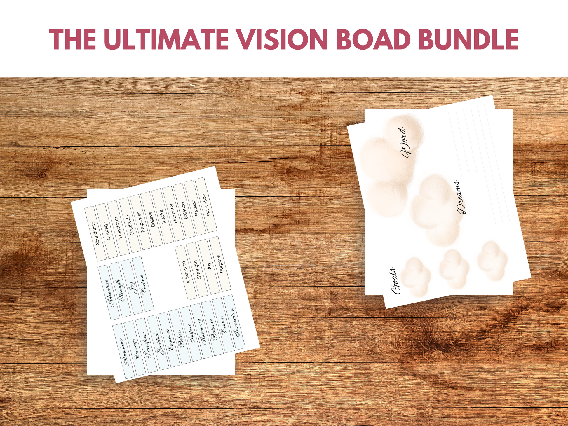 A collection of printable vision board ideas, featuring inspirational quotes, affirmations, and colorful collage elements for manifesting dreams and goals.
