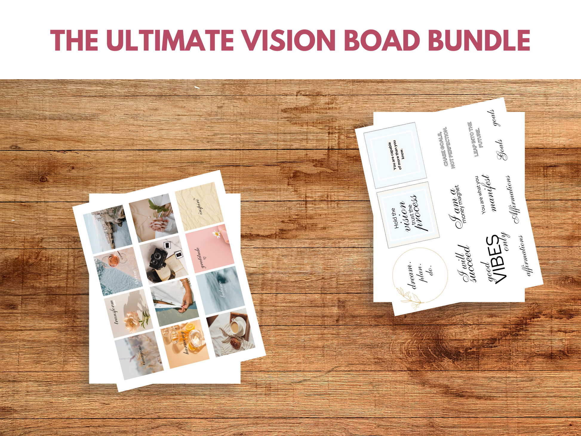 A collection of printable vision board ideas, featuring inspirational quotes, affirmations, and colorful collage elements for manifesting dreams and goals.