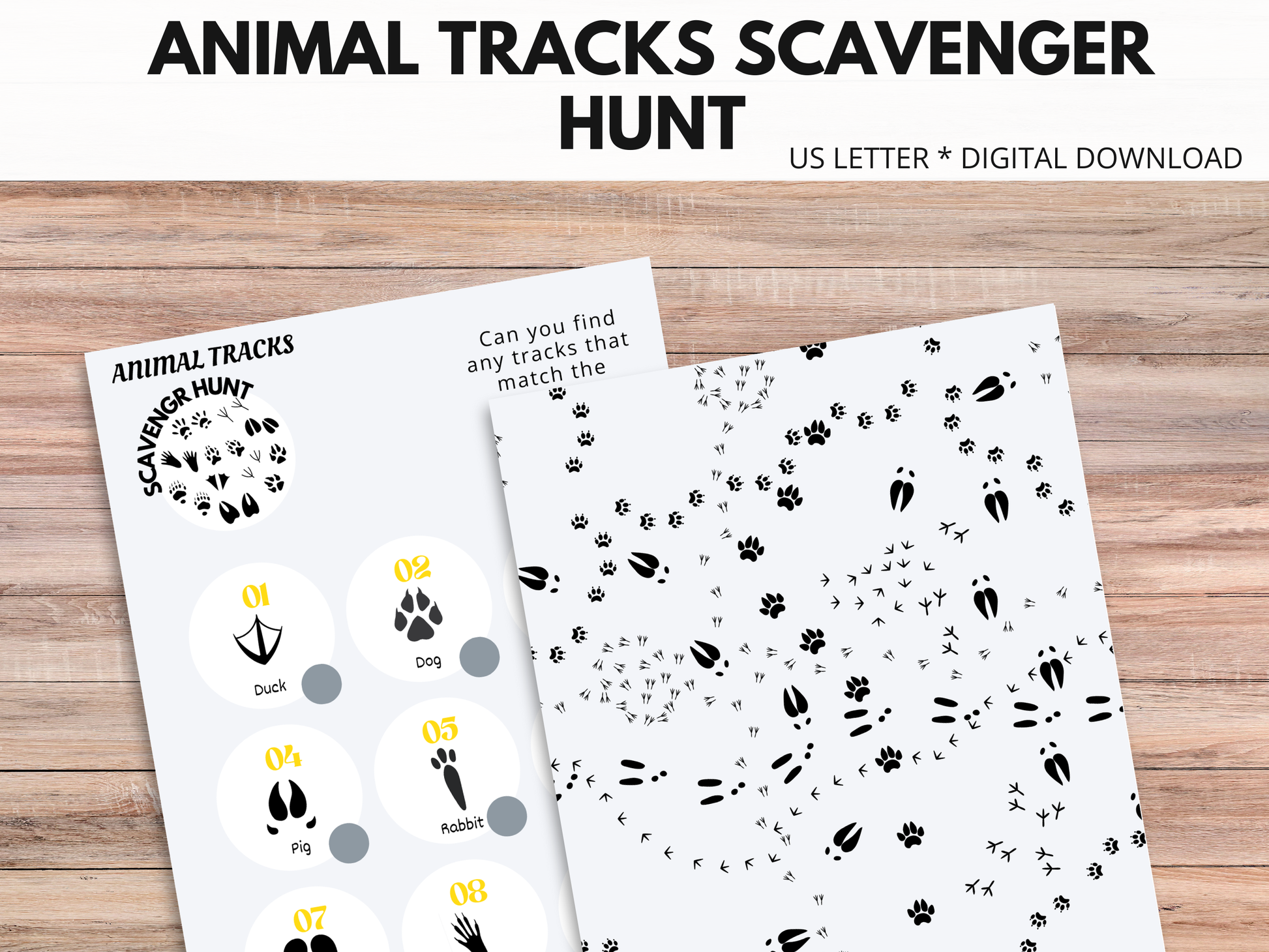 A fun animal tracks scavenger hunt outdoors, with animal worksheets and a matching activity for a nature-themed adventure.