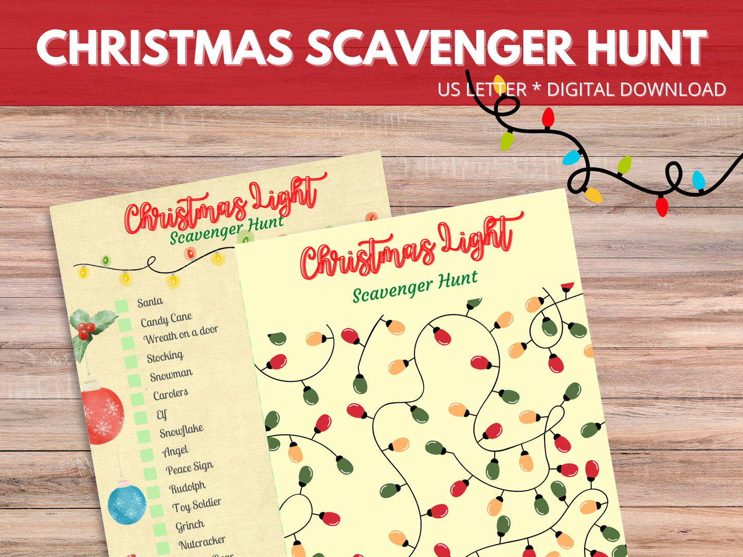 Explore the neighborhood during a Christmas Light Scavenger Hunt, with kids using a checklist for kids to find festive lights like Santa at the North Pole.