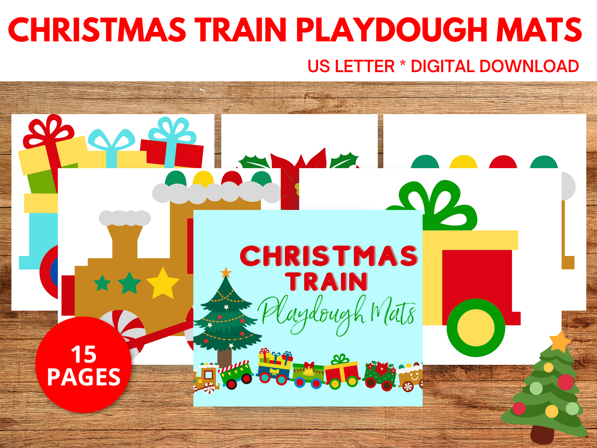 Printable Christmas Train Playdough Mats for preschool and kindergarten students, promoting fine motor skills through winter sensory play and December activities.