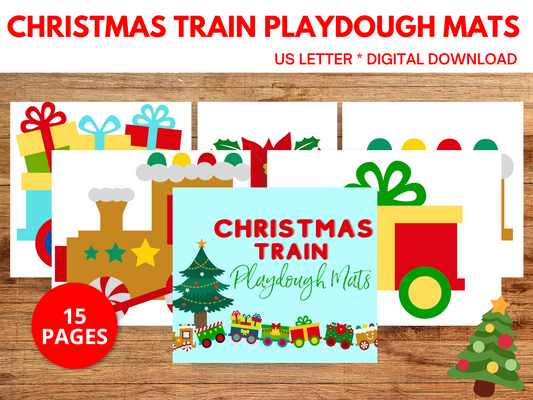 Printable Christmas Train Playdough Mats for preschool and kindergarten students, promoting fine motor skills through winter sensory play and December activities.