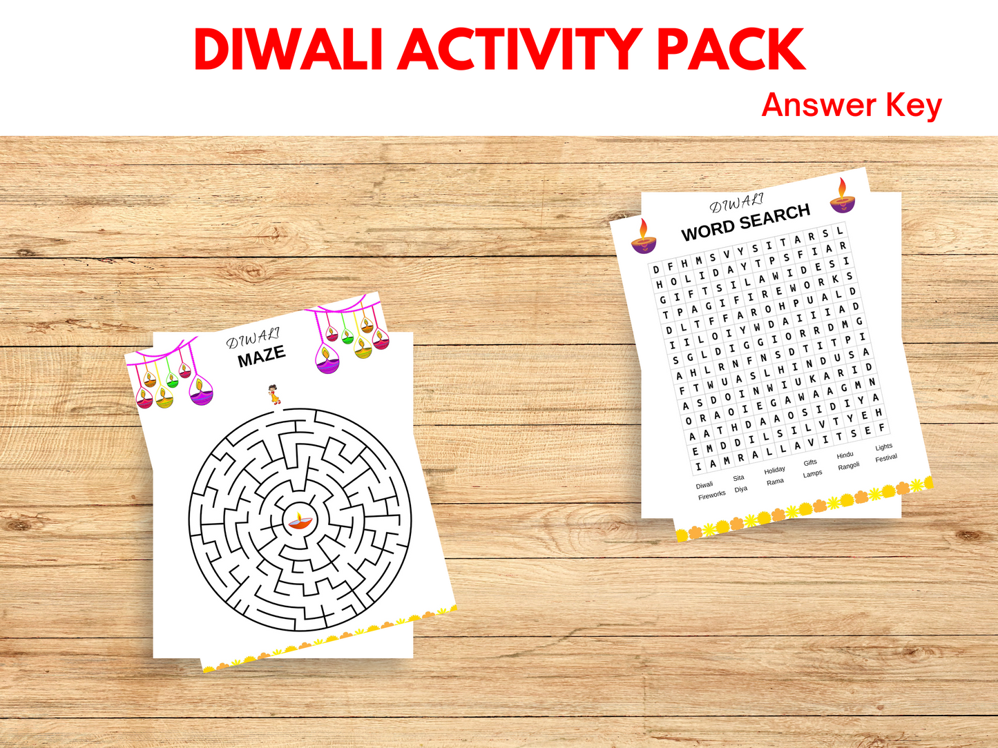 Diwali word search and maze.