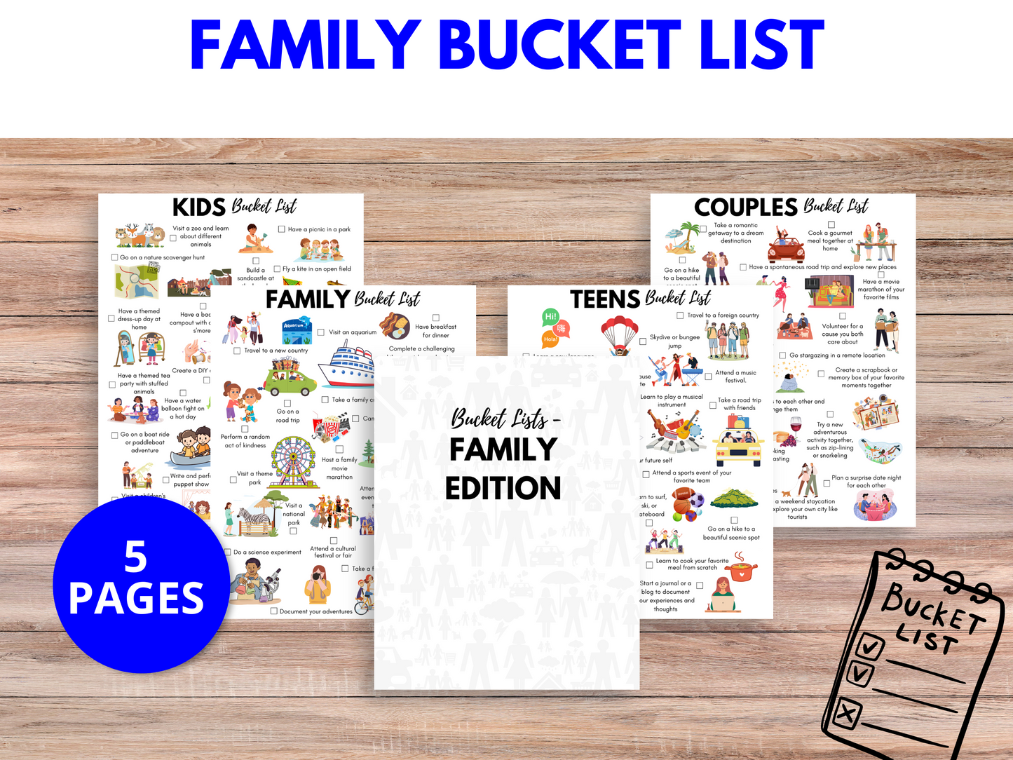Exciting Family Bucket List digital download with a variety of activities for a bucket list for couples, bucket list for teens, and family bucket list ideas. Perfect for setting goals and discovering teen tips and parenting inspiration.