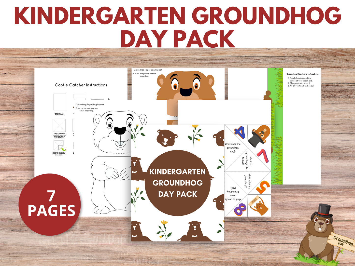 Kindergarten Groundhog Day Pack featuring groundhog printables, adorable Groundhog Day crafts for kids, and fun February activities for homeschool Groundhog Day lessons.