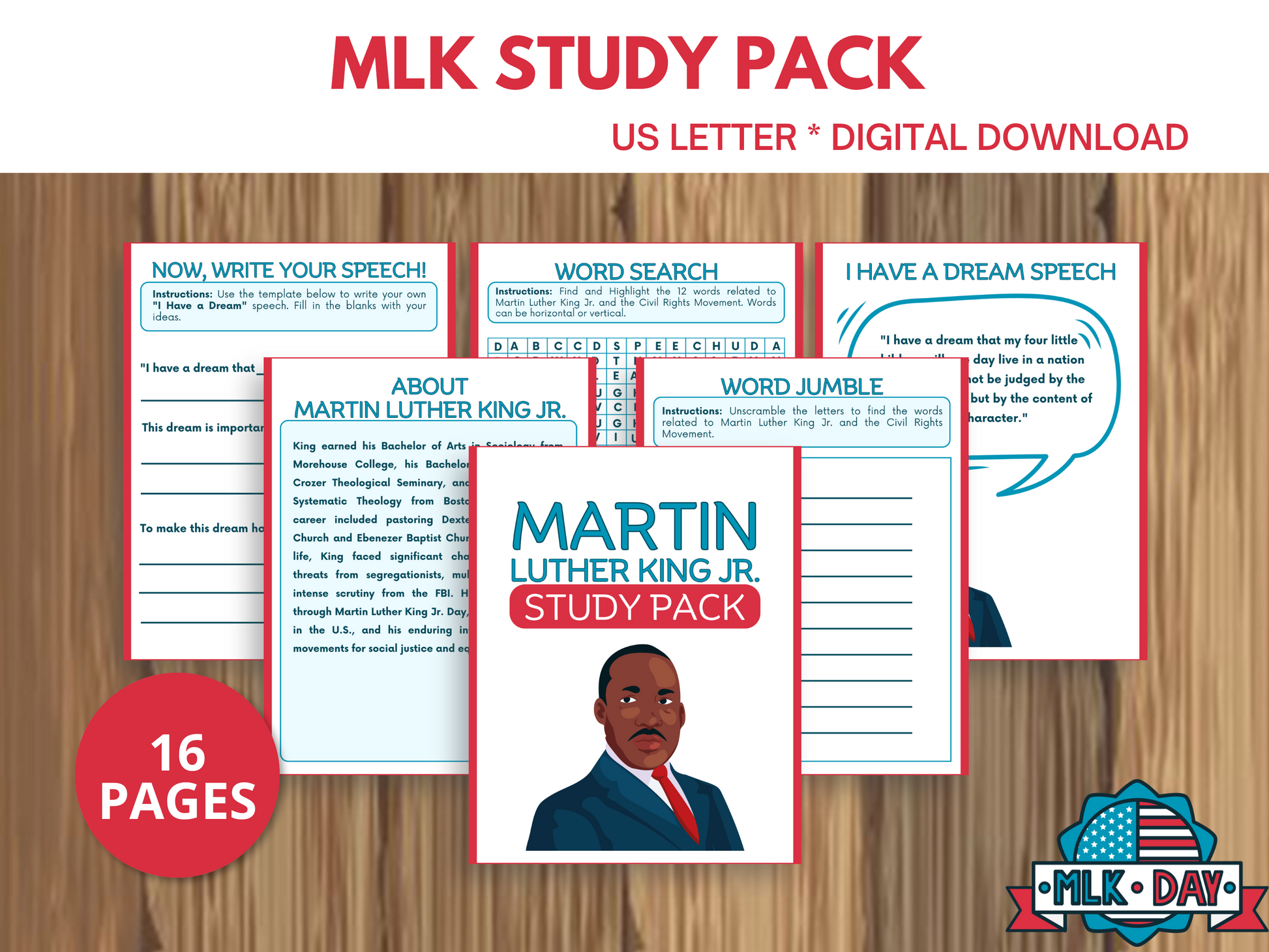 Martin Luther King Jr. Study Pack for elementary kids, featuring black history month activities, Montessori printables, and worksheets for teaching history and celebrating diversity.