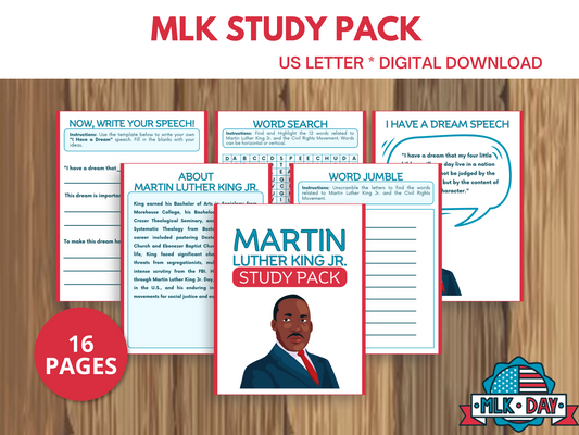 Martin Luther King Jr. Study Pack for elementary kids, featuring black history month activities, Montessori printables, and worksheets for teaching history and celebrating diversity.