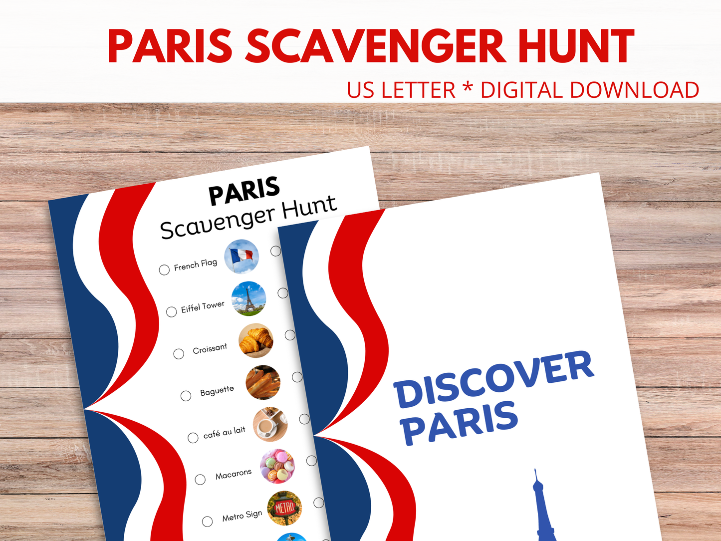A Paris travel destination scavenger hunt for family fun, featuring scavenger hunt ideas for kids, fun activities to do with kids, and travel tips with pictures for exploring the city outside.