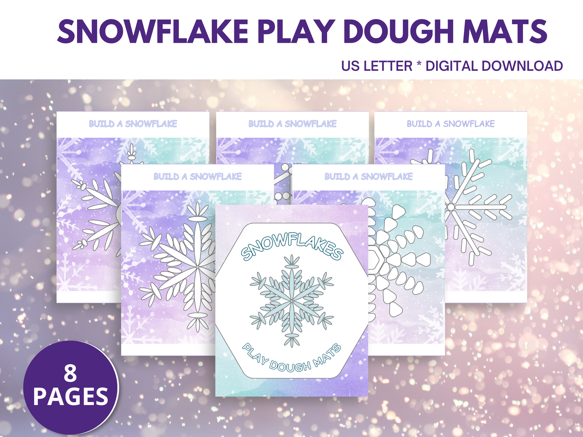 A vibrant collection of winter play dough mats printable showcasing paper snowflakes for engaging play dough activities. Ideal for fine motor activities for kids, perfect for preschool sensory play during December's holiday season, focusing on winter play, snow, and weather themes.