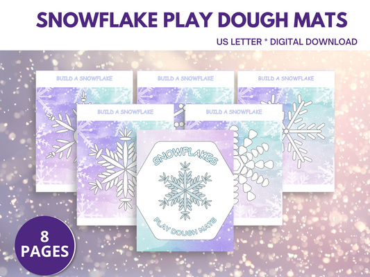 A vibrant collection of winter play dough mats printable showcasing paper snowflakes for engaging play dough activities. Ideal for fine motor activities for kids, perfect for preschool sensory play during December's holiday season, focusing on winter play, snow, and weather themes.