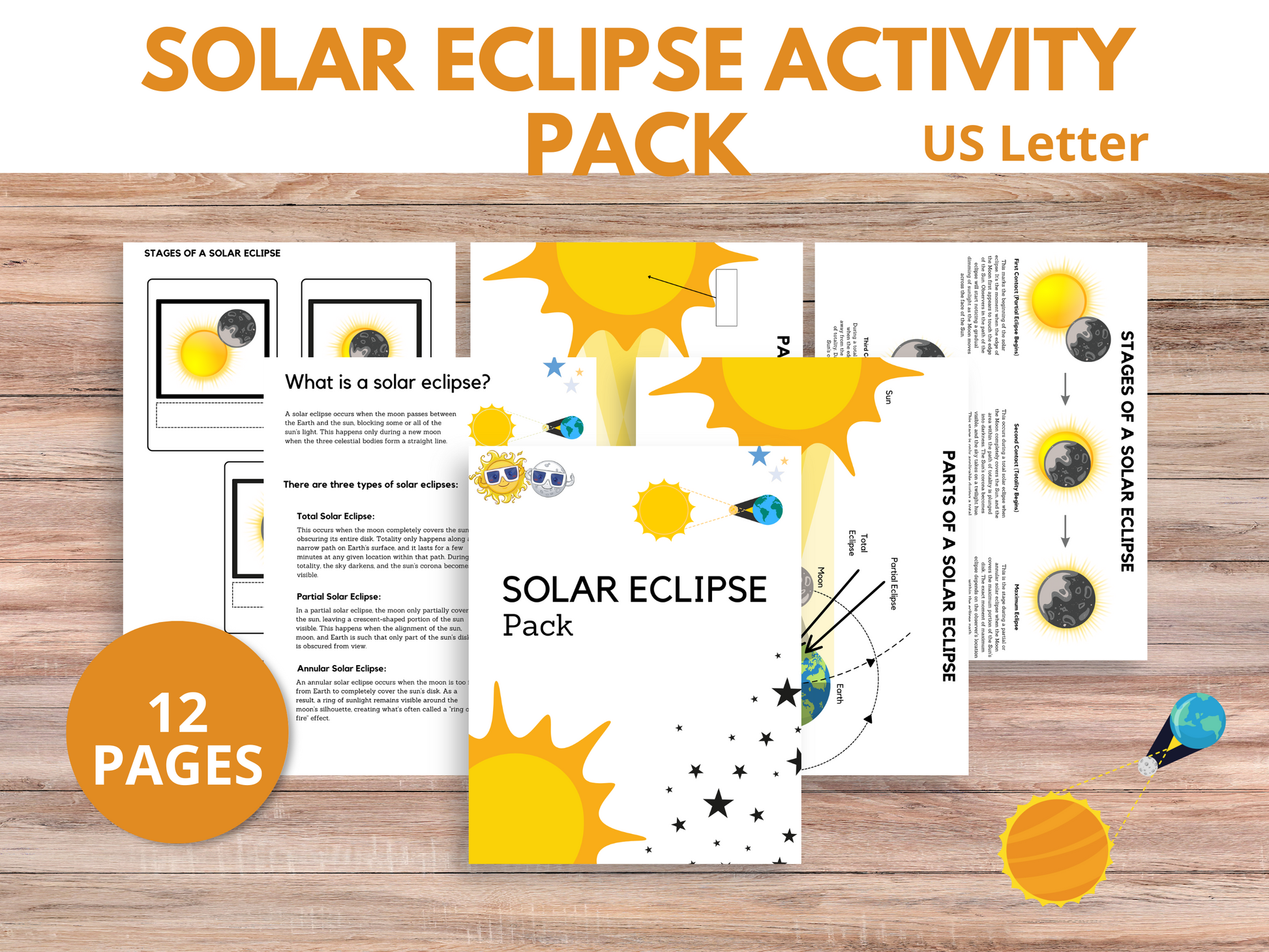 A collection of fun eclipse crafts and educational eclipse printables for an elementary solar eclipse lesson, featuring fun facts to enhance the learning experience.