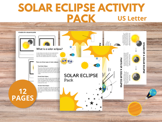 A collection of fun eclipse crafts and educational eclipse printables for an elementary solar eclipse lesson, featuring fun facts to enhance the learning experience.