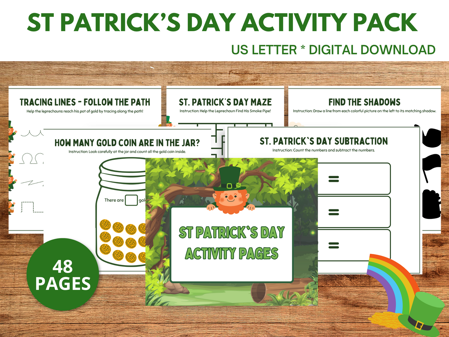 St. Patrick's Day Activity Pack with march activities, leprechaun games, a maze, math activities, learning activities, and fine motor.