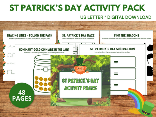 St. Patrick's Day Activity Pack with march activities, leprechaun games, a maze, math activities, learning activities, and fine motor.