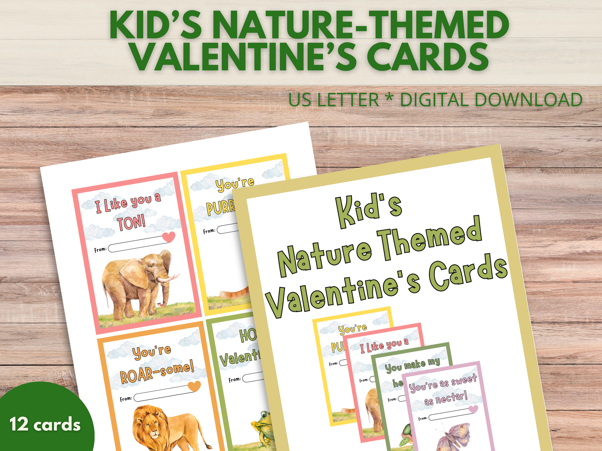 A set of printable Kid's Nature-Themed Valentine's Cards featuring cute animal designs, perfect for preschool and kindergarten students to give to their classmates. These cards offer easy and fun ideas for a nature-inspired Valentine's Day.