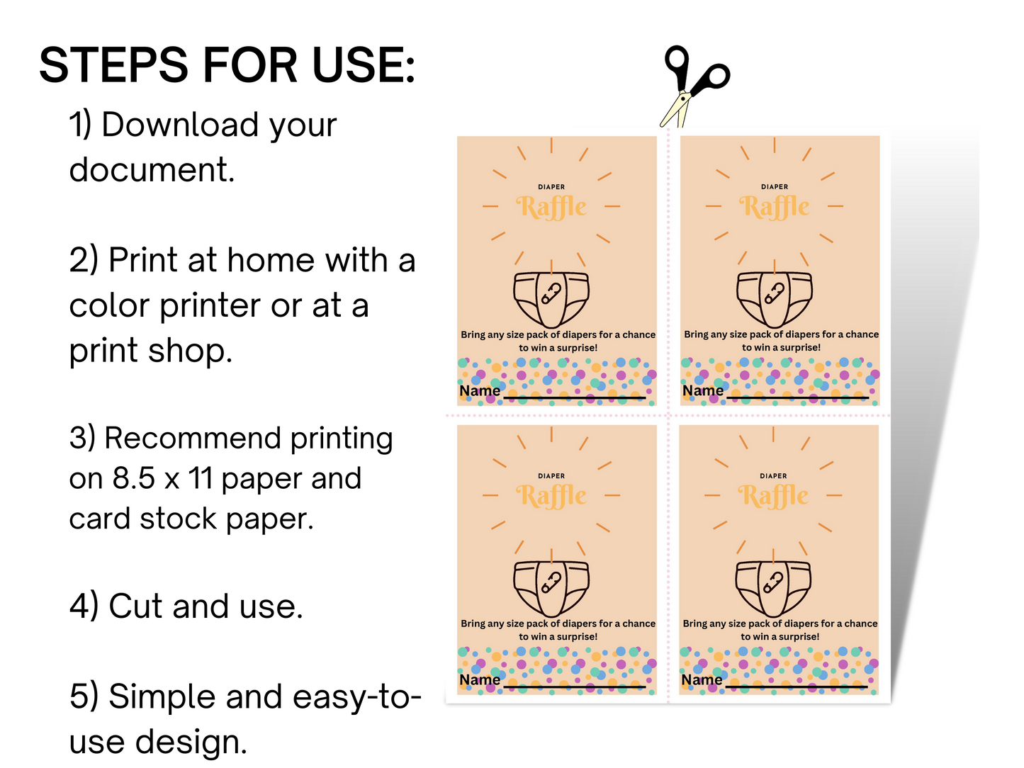 Instructions on how to cut and use the diaper raffle tickets.