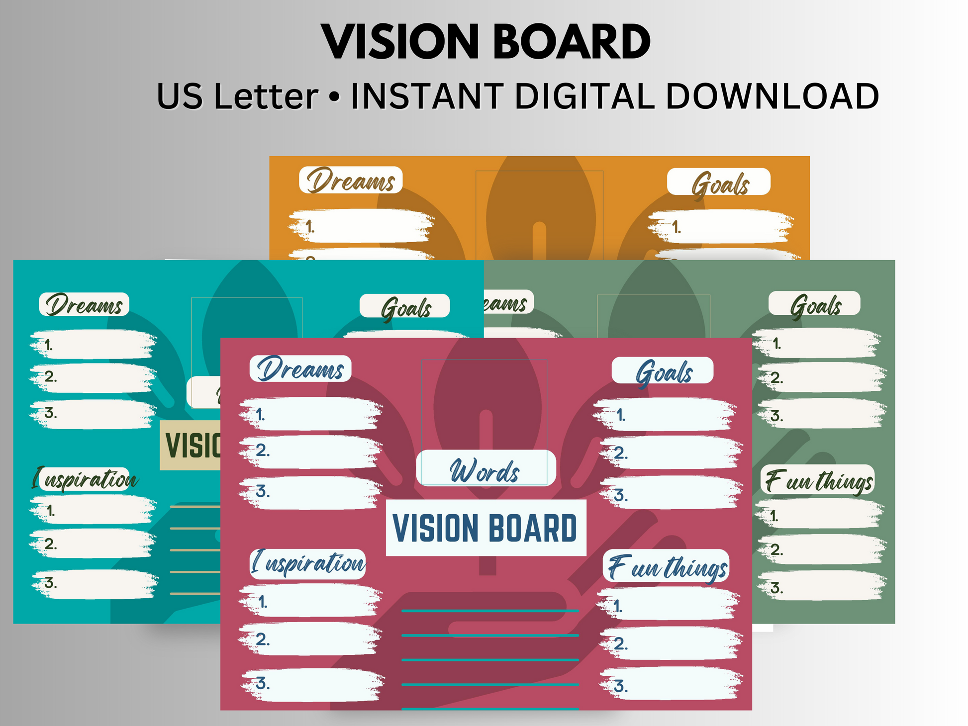4 different colors of the same vision board.  In red light green, dark green and gold.