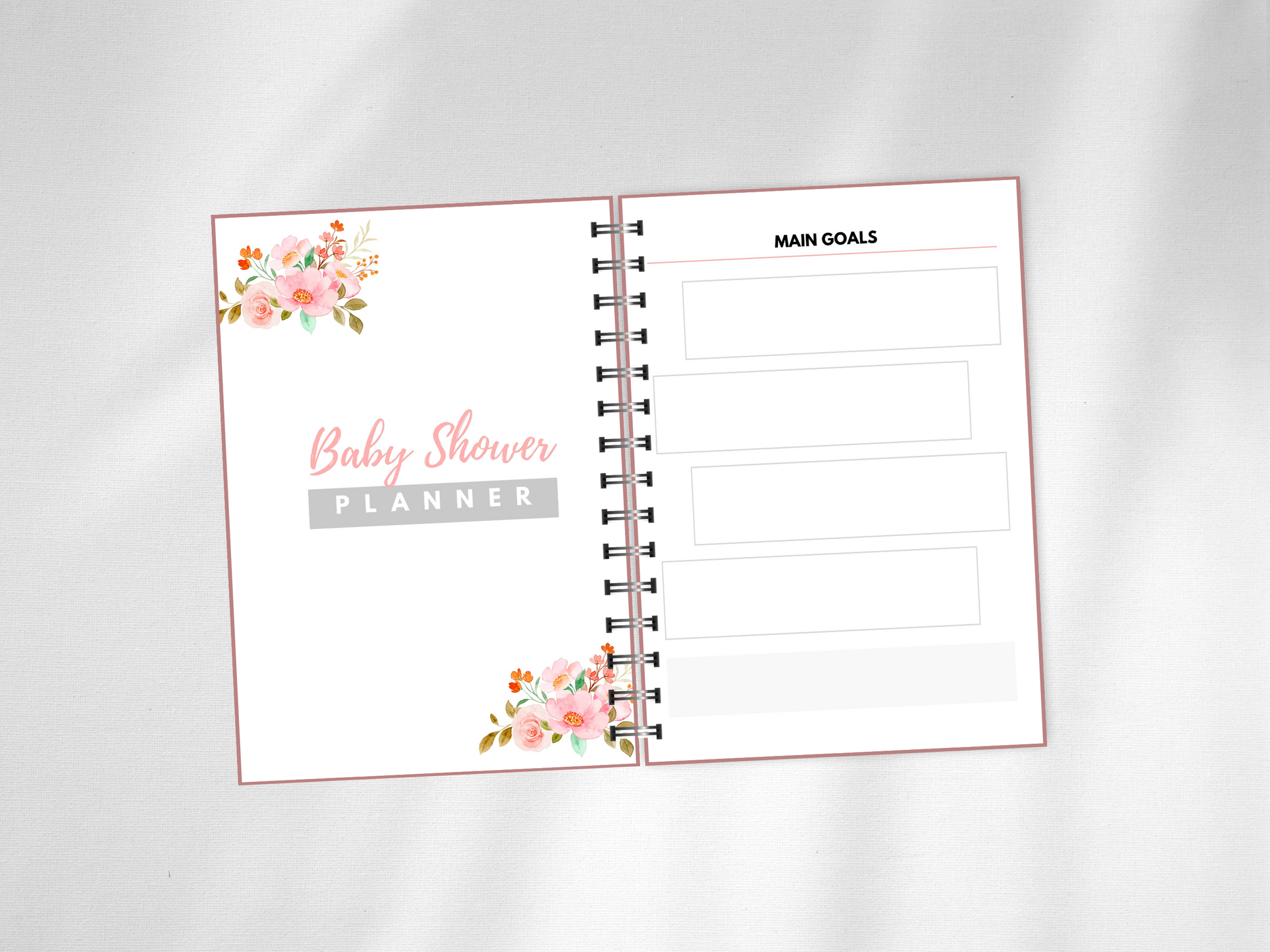 Baby shower planner cover and main goals page shown. in pink and grey.