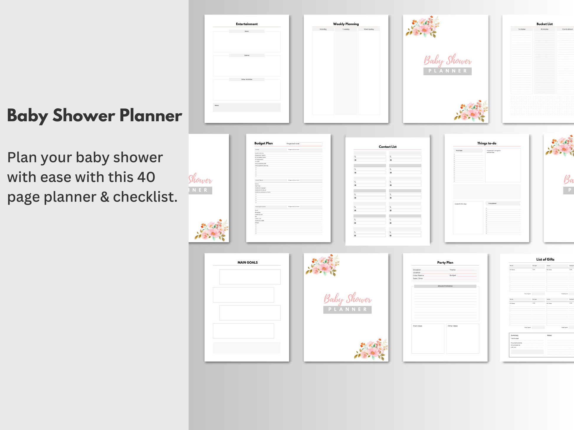 Multiple pages of a baby shower planner shown.  40 pages total.