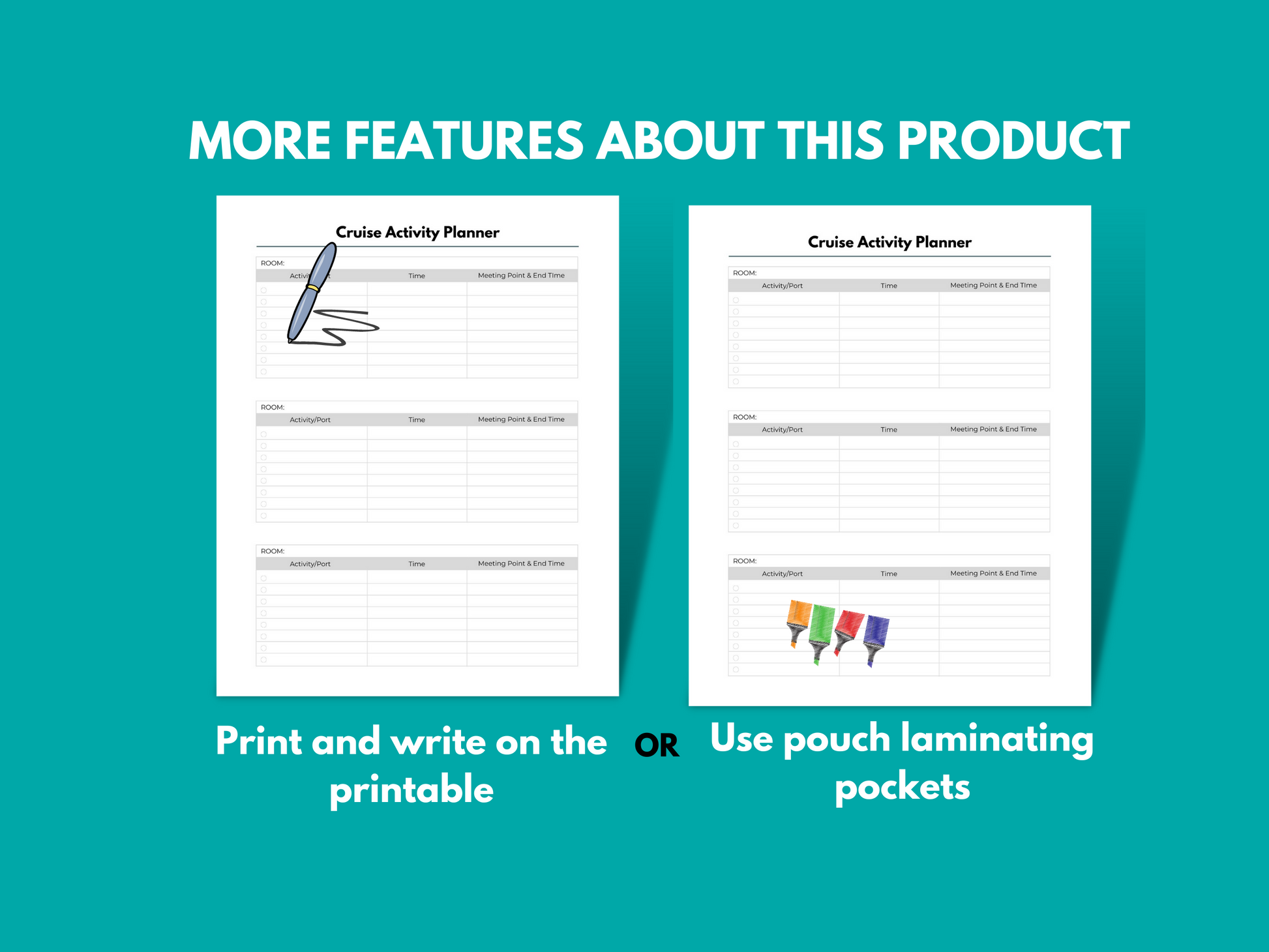 Features about this cruise planner.  Print and write on the printable or use pouch laminating pockets.