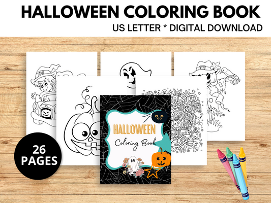 Halloween coloirng book with cover page and 5 coloring pages.