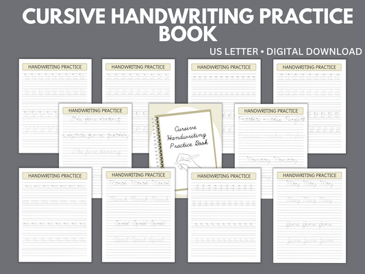 Printable cursive handwriting practice worksheets featuring uppercase and lowercase cursive letters for beginner students. Perfect for elementary writing and penmanship skills.
