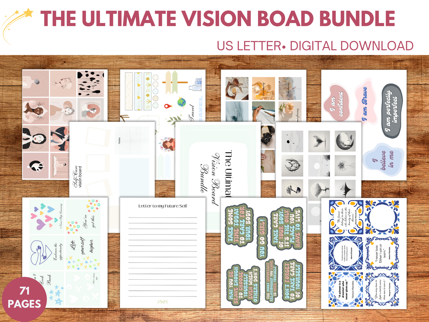 A collection of printable vision board ideas, featuring inspirational quotes, affirmations, and colorful collage elements for manifesting dreams and goals.
