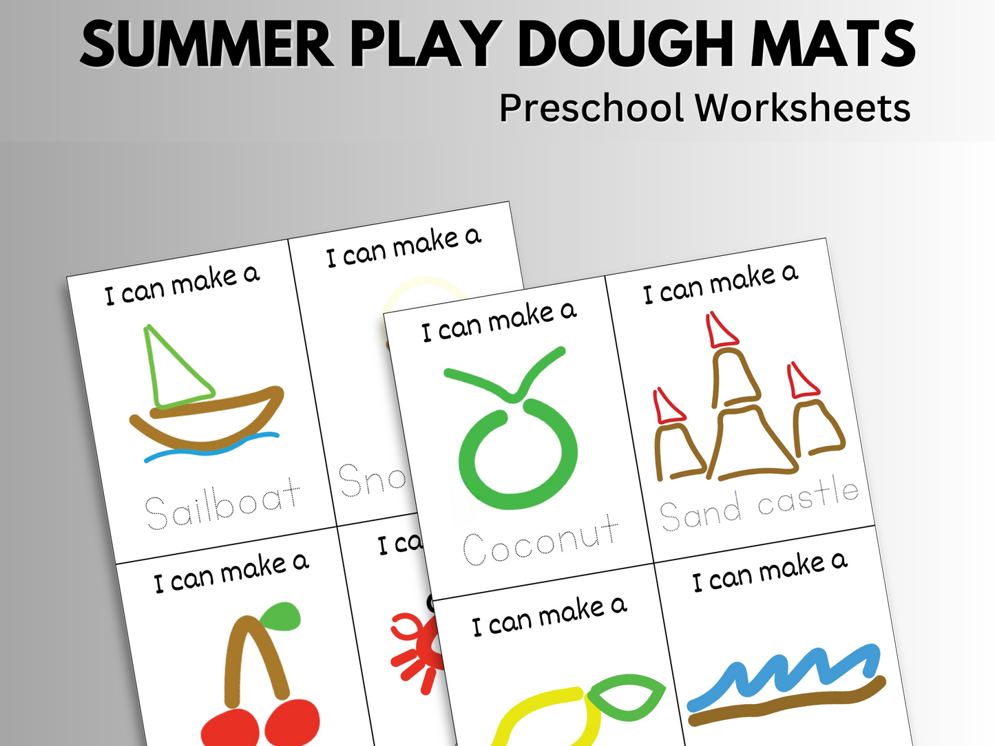 Summer play dough mats preschool worksheets showing 8 different designs.