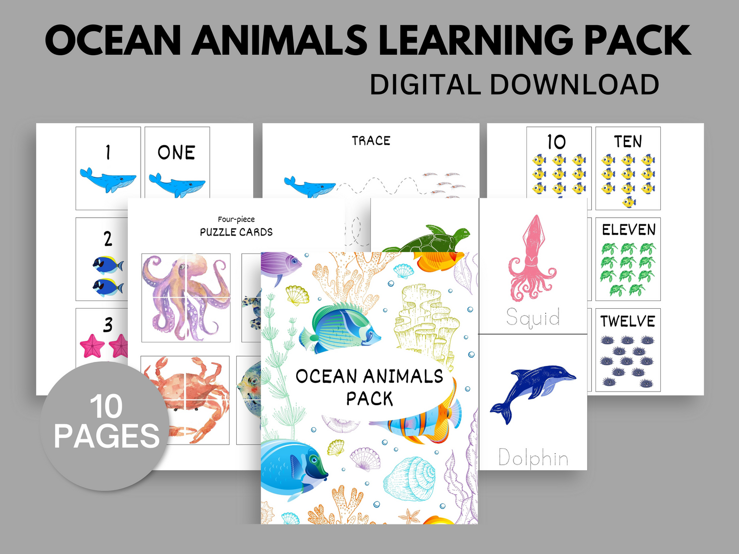 Ocean animals learning pack digital download showing 6 out of 10 pages.