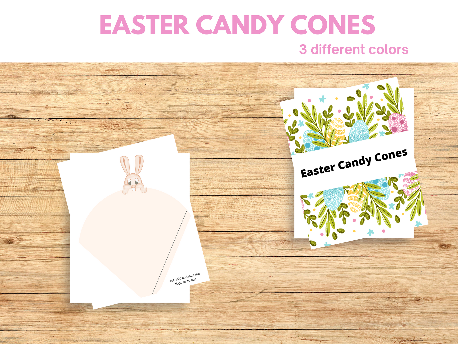 Printable Easter candy cones showing one light pink candy cone with a bunny rabbit.