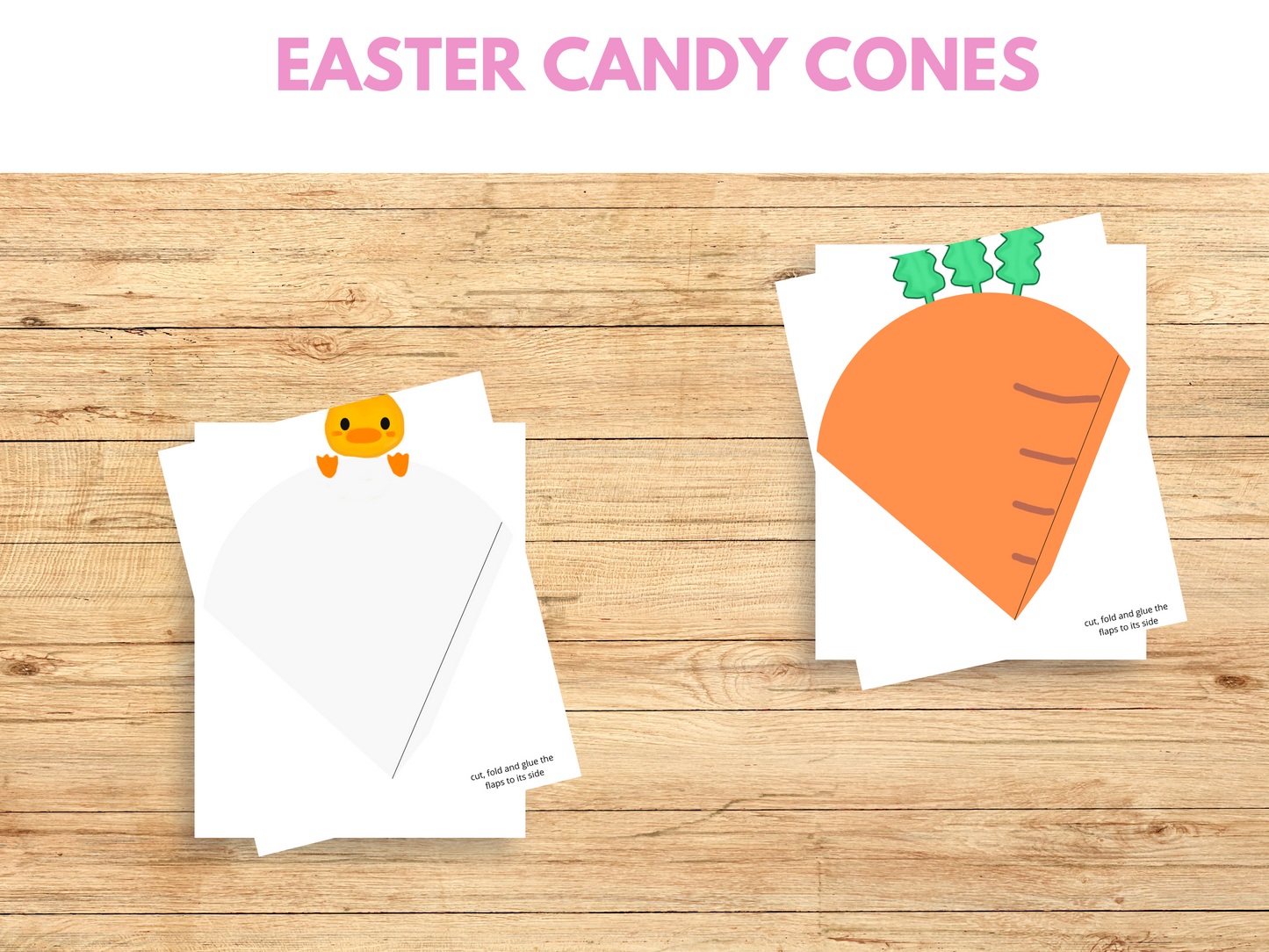 Two printable Easter candy cones white with  a yellow duck and  a orange carrot