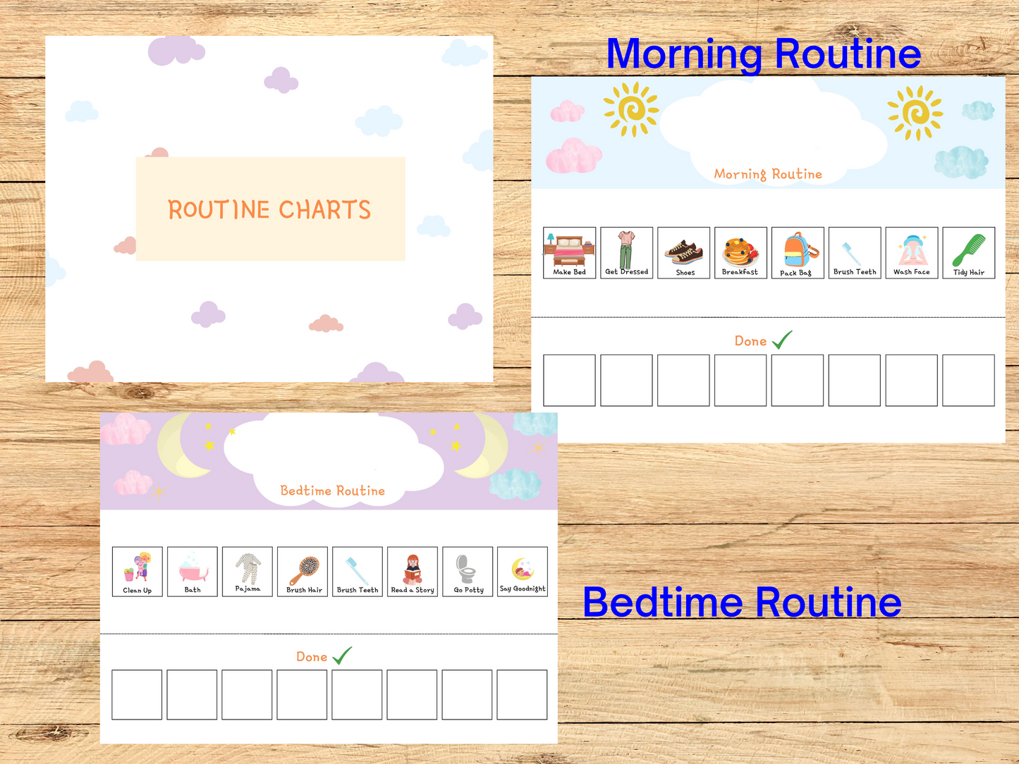 Cover page, morning routine and bedtime routine charts.