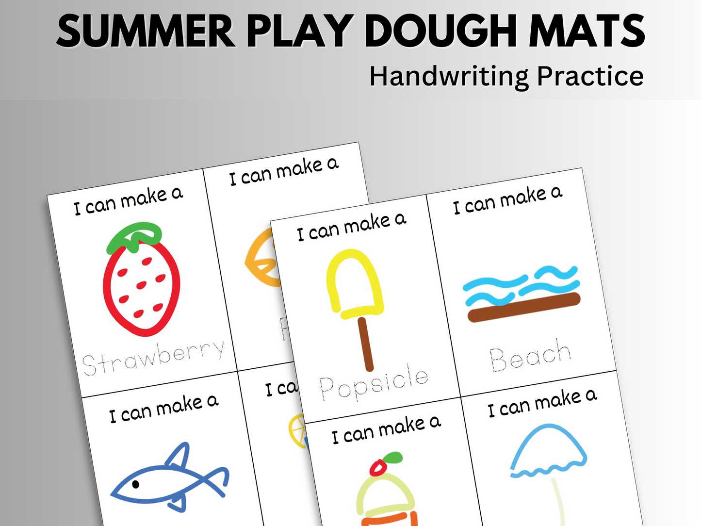 Summer play dough mats handwriting practice.  Showing 8 different designs.