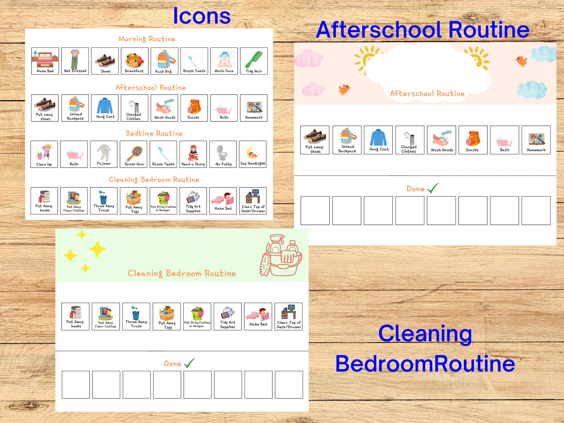 Three photos showing icons, afterschool and cleaning bedtroom charts.