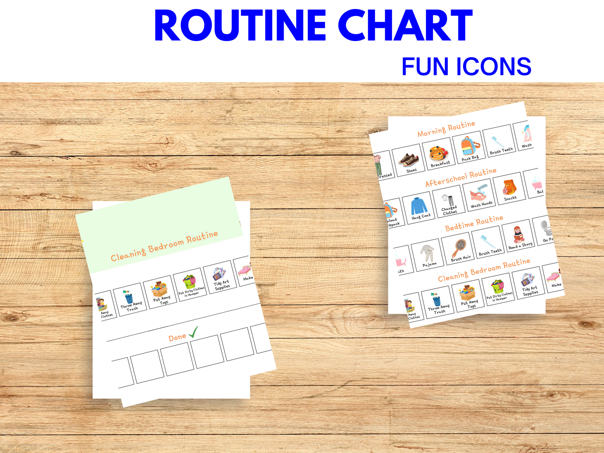 Cleaning bedroom routine chart and icons.