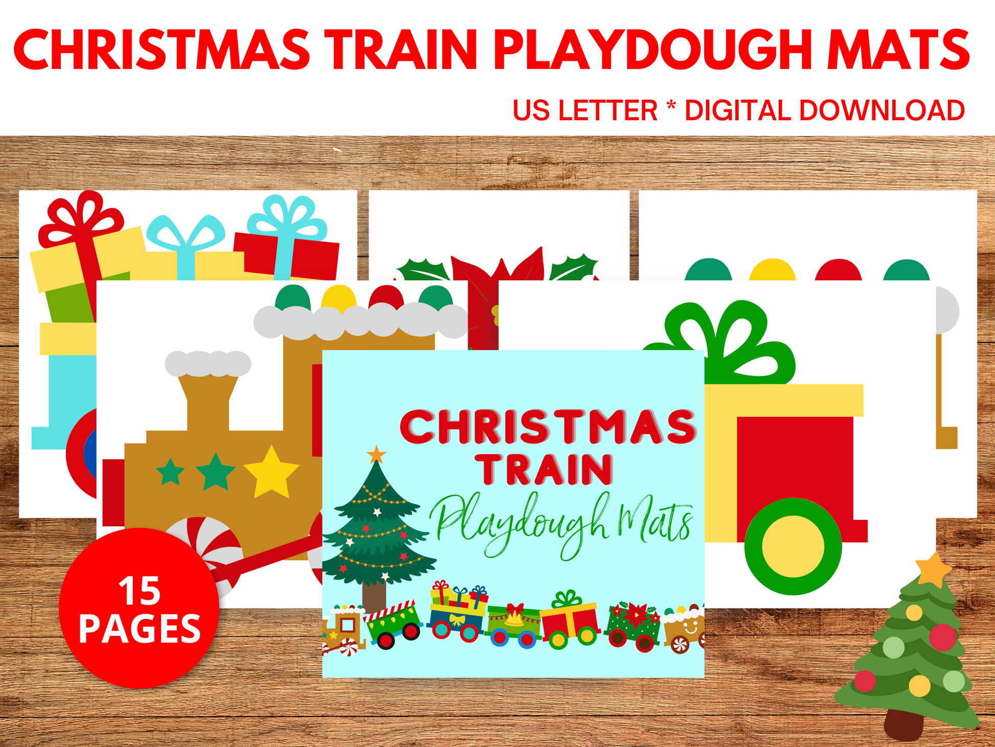 Printable Christmas Train Playdough Mats for preschool and kindergarten students, promoting fine motor skills through winter sensory play and December activities.
