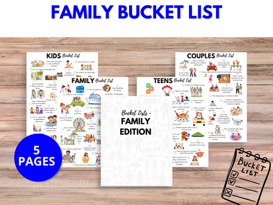 Exciting Family Bucket List digital download with a variety of activities for a bucket list for couples, bucket list for teens, and family bucket list ideas. Perfect for setting goals and discovering teen tips and parenting inspiration.
