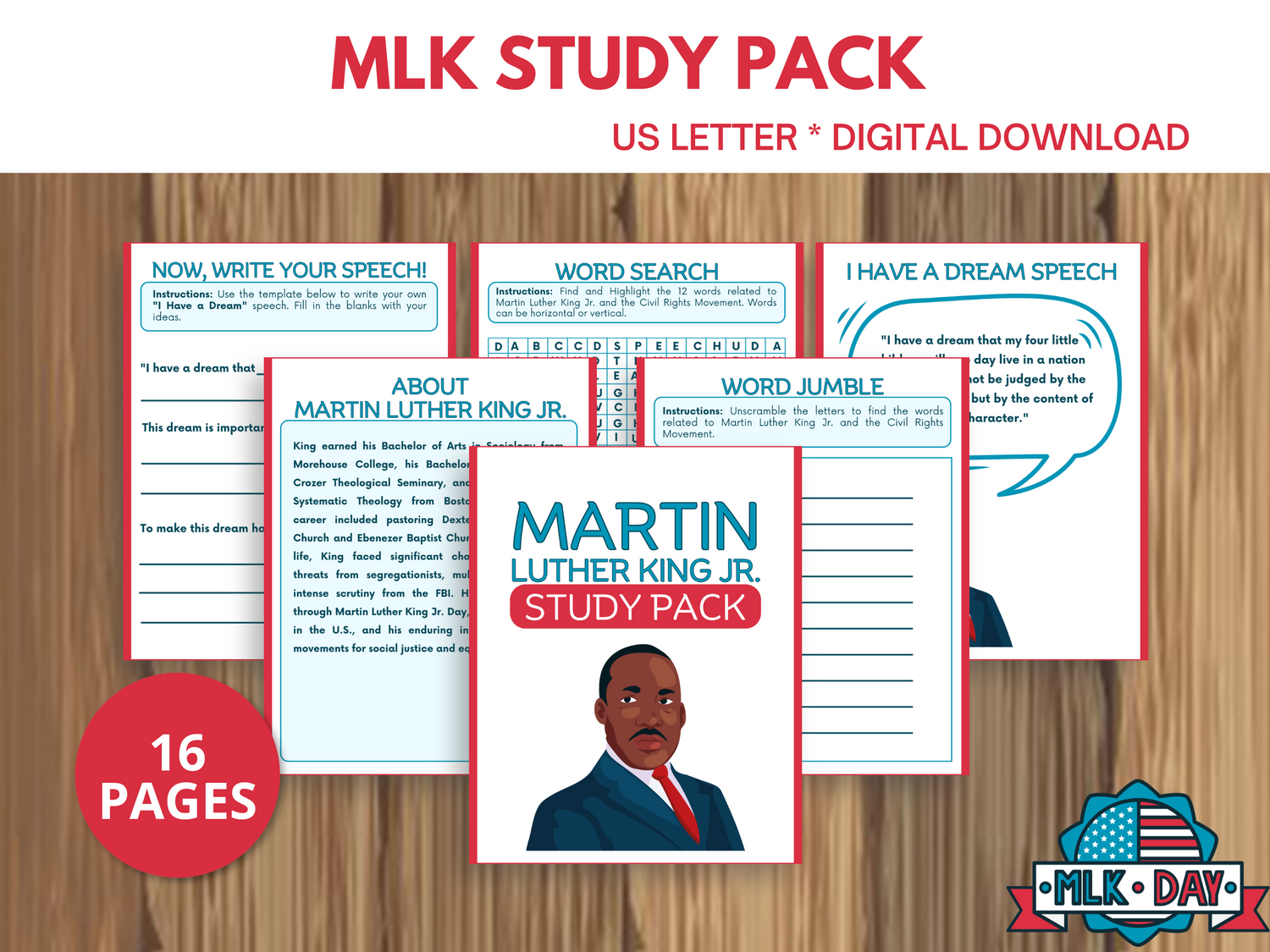 Martin Luther King Jr. Study Pack for elementary kids, featuring black history month activities, Montessori printables, and worksheets for teaching history and celebrating diversity.
