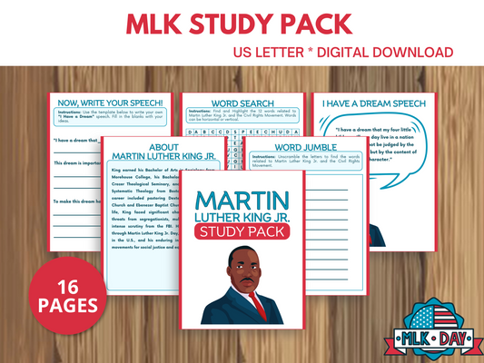 Martin Luther King Jr. Study Pack for elementary kids, featuring black history month activities, Montessori printables, and worksheets for teaching history and celebrating diversity.
